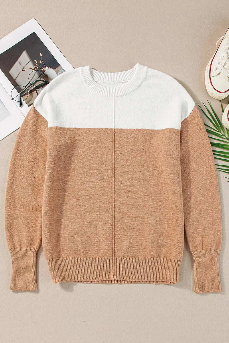 Color block round neck long sleeve sweater with white and beige design.