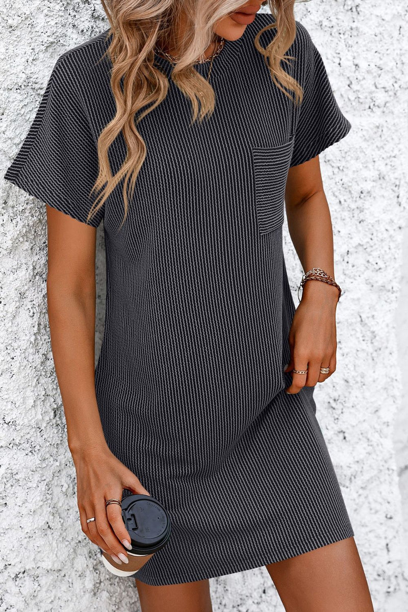 Mandy ribbed striped short sleeve mini tee dress with pocket detail.
