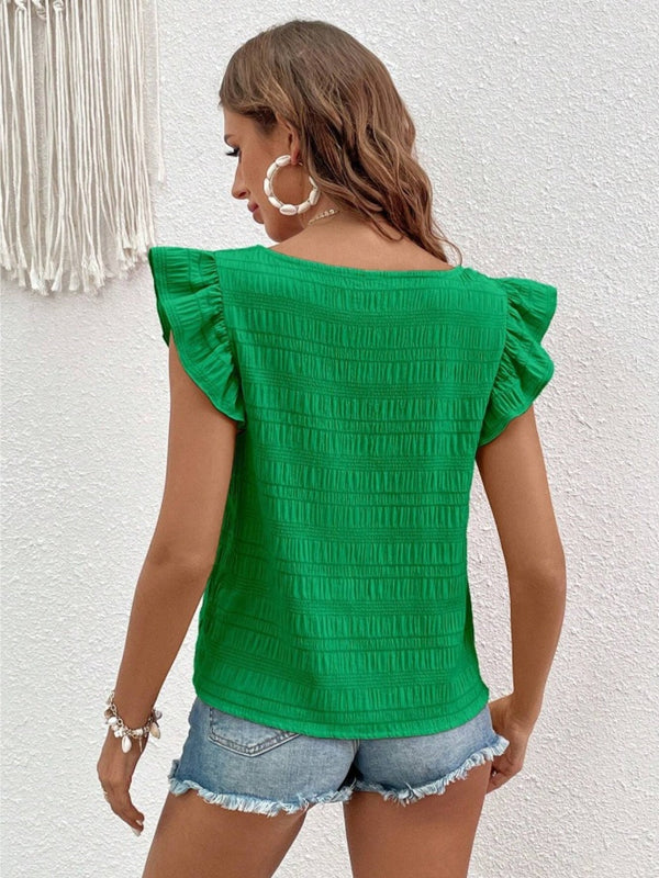 Green ruffled square neck cap sleeve blouse, polyester-spandex material.