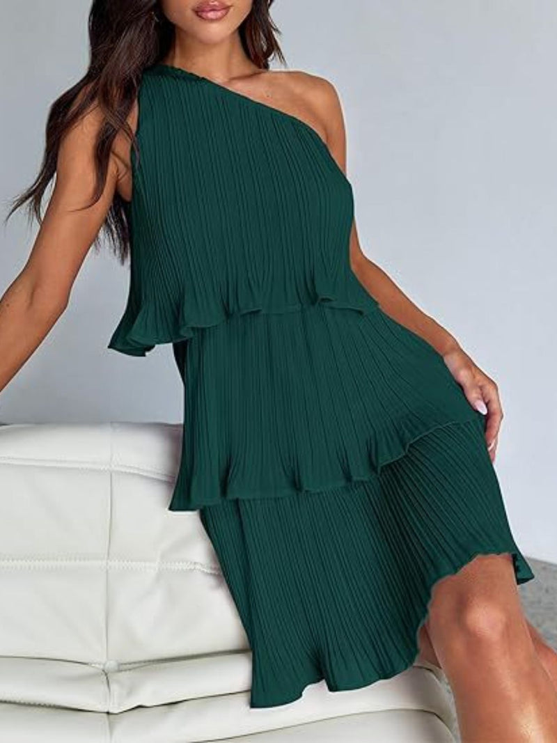 Layered single shoulder mini dress in green with ruffled layers.