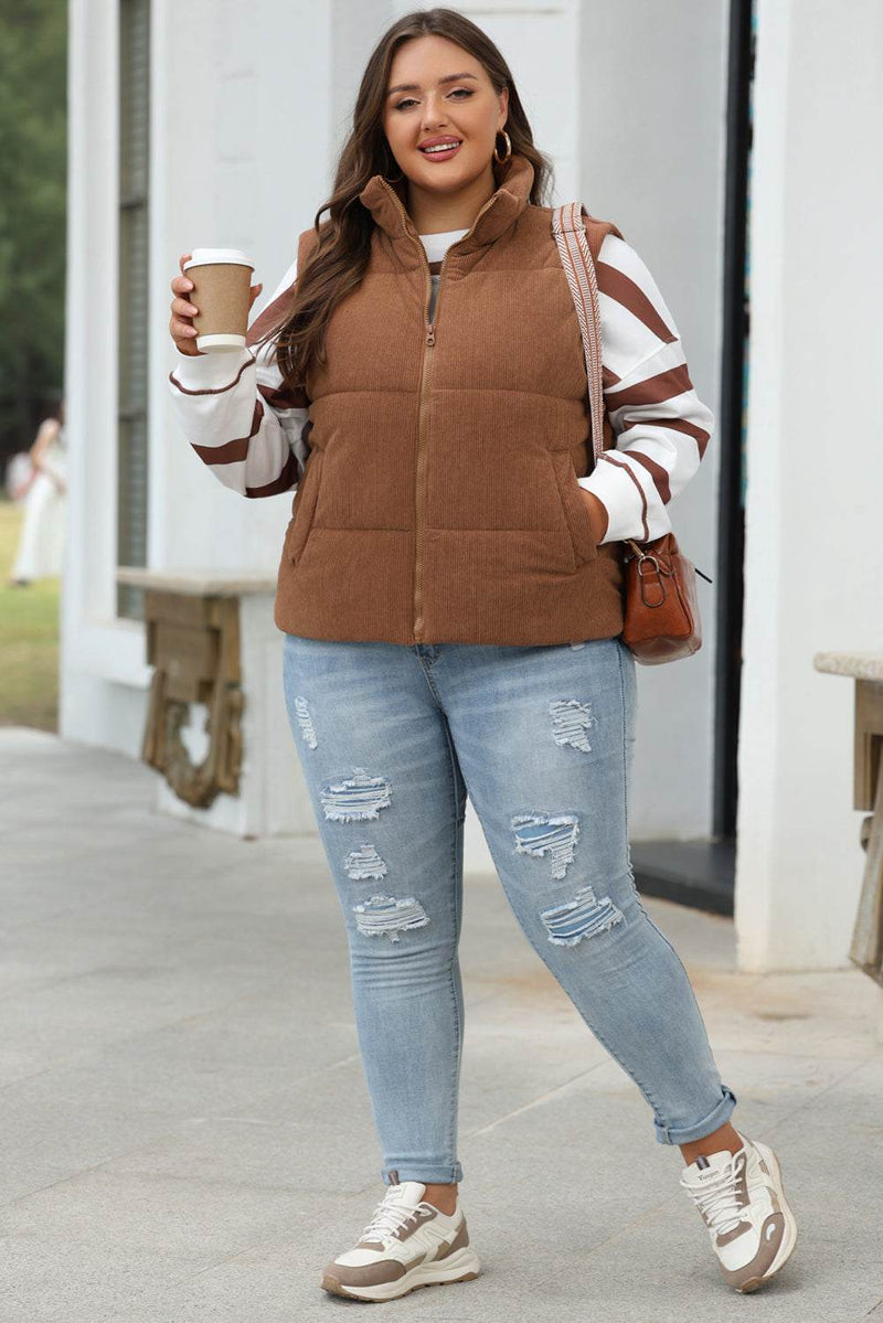 Coffee corduroy stand neck zipped puffer vest with high-quality fabric, rich coffee color, and functional side pockets.