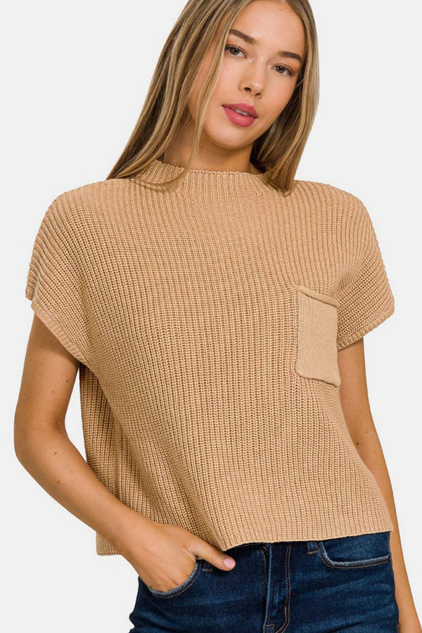 Zenana Mock Neck Short Sleeve Cropped Sweater in beige knit fabric, featuring a modern design with a chest pocket.