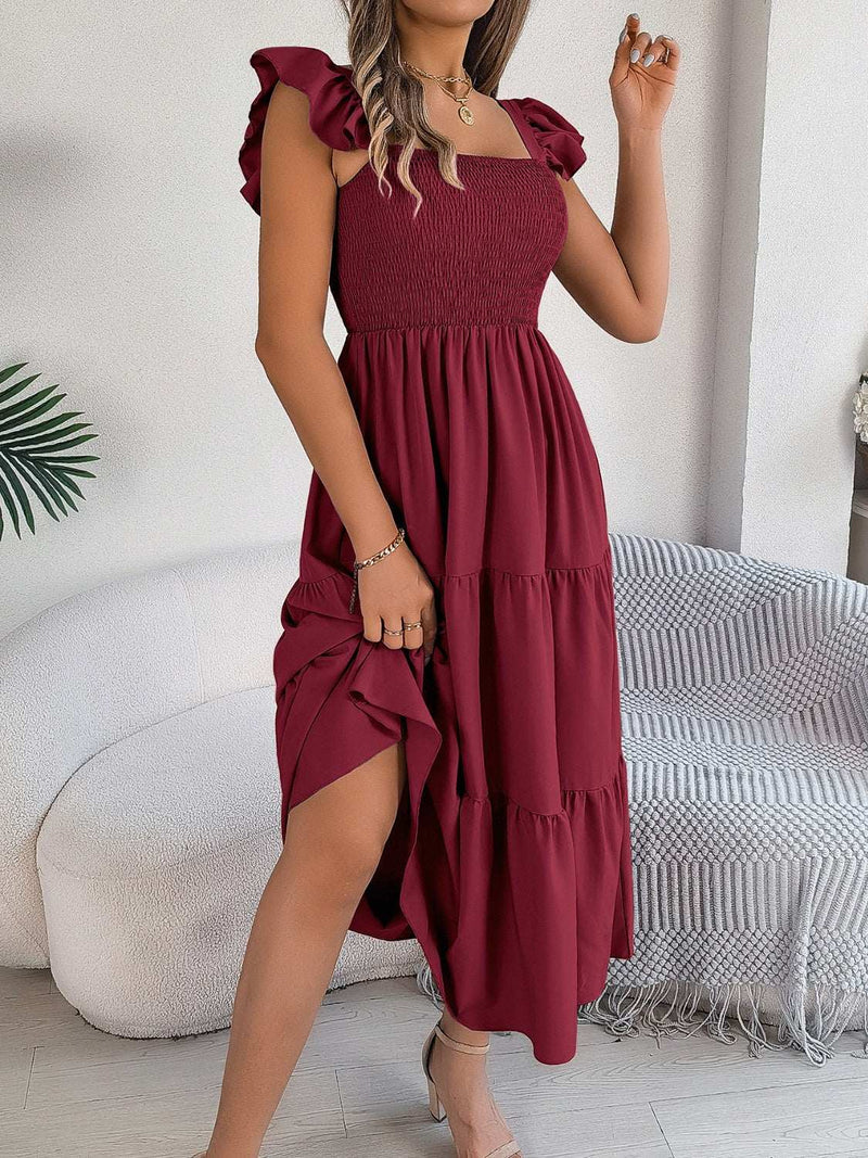 Smocked square neck cap sleeve midi dress in deep red, featuring a tiered skirt design.