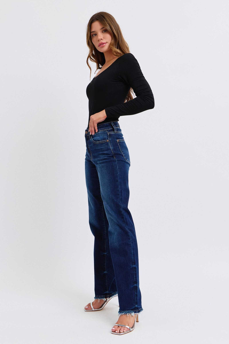 Judy Blue Full Size Raw Hem Straight Leg Jeans modeled for a fashionable look.