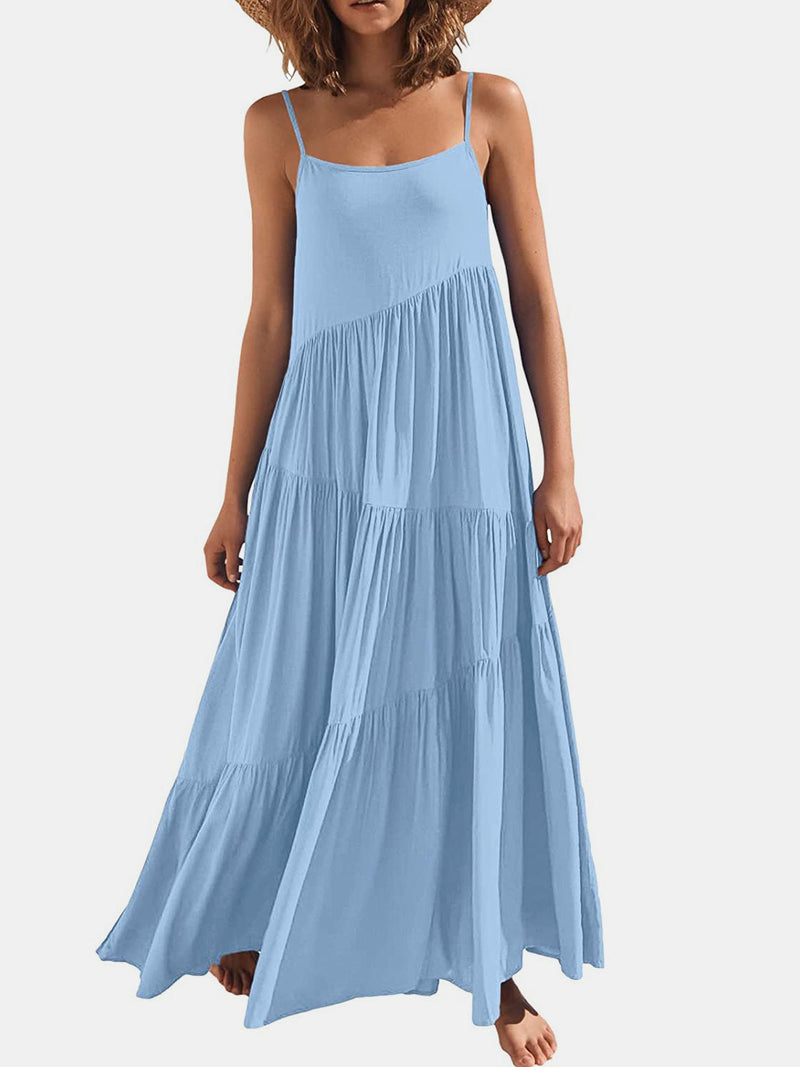 Full size ruched tiered spaghetti strap dress in light blue.