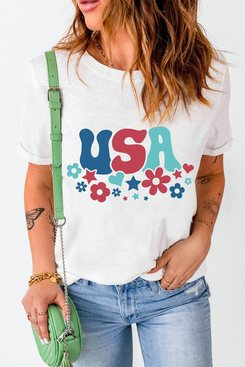 USA Round Neck Short Sleeve T-ShirtFeatures: Basic style
Sheer: Opaque
Stretch: No stretch
Material composition: 62% polyester, 32% cotton, 6% elastane
Care instructions: Machine wash cold. Tumble dryAll TopsTrendsiKlondike Creek Unique BoutiqueUSA Round Neck Short Sleeve