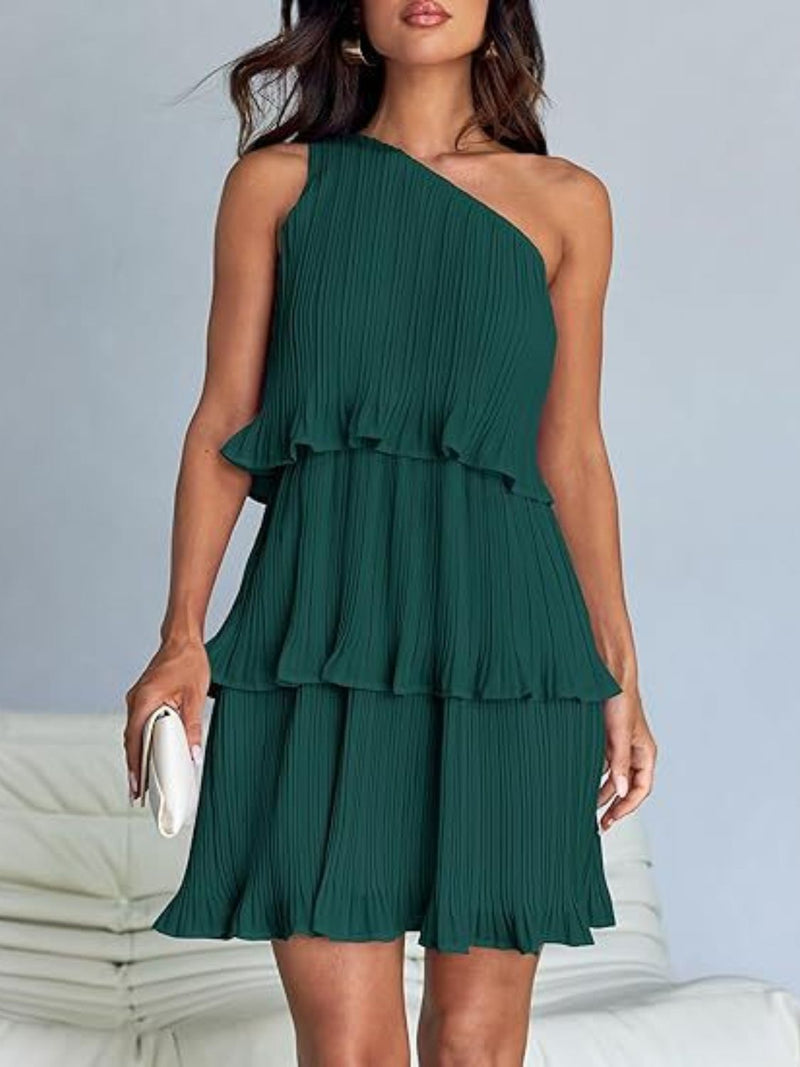 Layered single shoulder mini dress with ruffled design in dark green.
