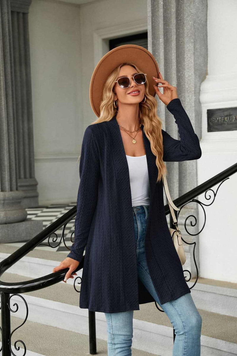 Casual long sleeve open front cardigan in solid color with regular sleeves.