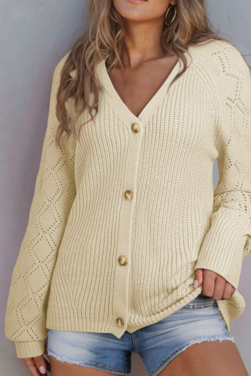 Openwork V-Neck Button Up Cardigan in acrylic, slightly stretchy fabric, buttoned design.