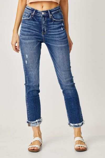 High-rise frayed cuffed straight jeans with a flattering silhouette and raw hem design.