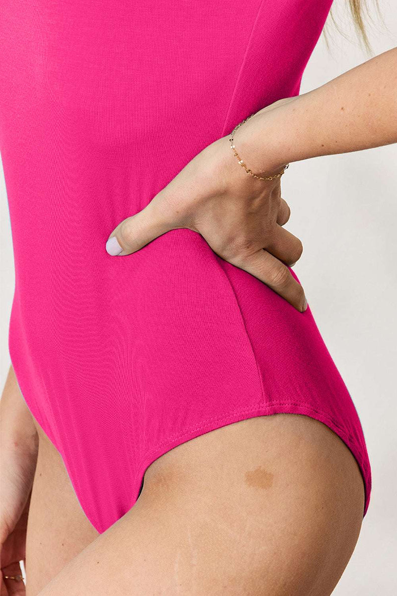 Basic Bae full size round neck short sleeve bodysuit in pink with moderate stretch.