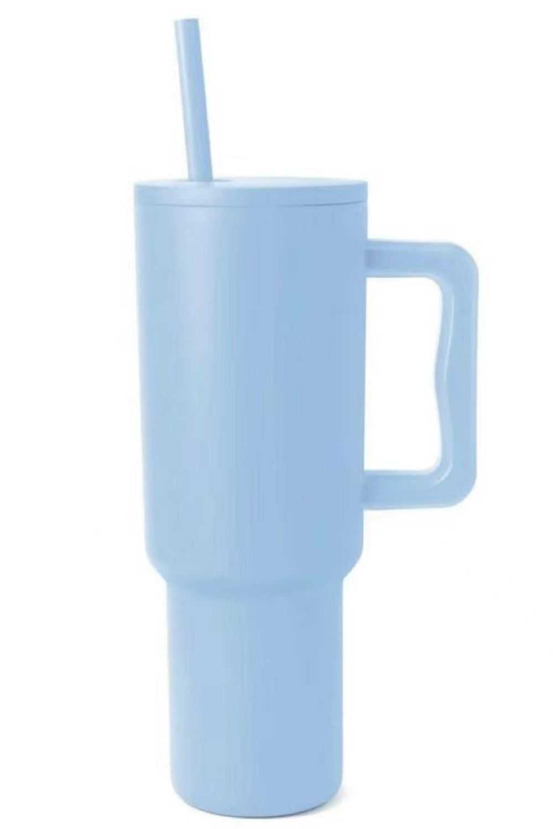 Monochromatic stainless steel tumbler with matching straw and handle