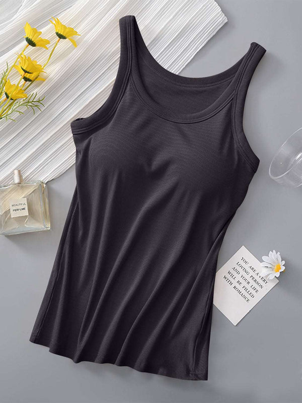 Round neck tank with bra, opaque black fabric, moderate stretch.