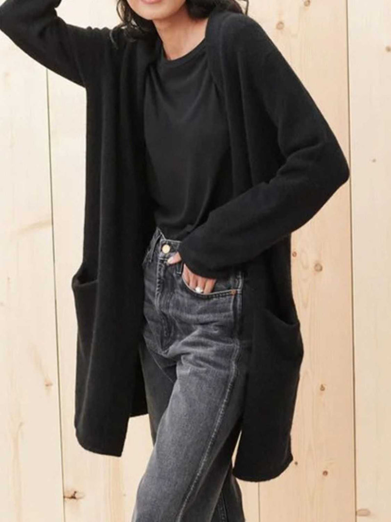 Open front long sleeve cardigan with pockets in black, moderate stretch, 100% acrylic.