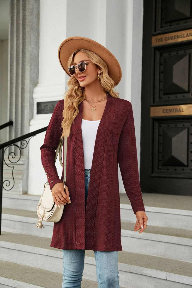 Women's long sleeve open front cardigan in solid casual style.
