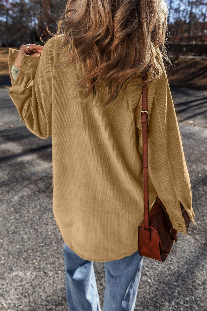 Mist Green Patched Pocket Button Up Corduroy Shacket, back view, with brown crossbody bag and denim jeans.