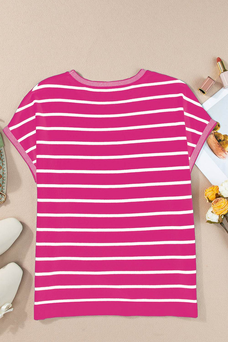 Striped pink and white round neck cap sleeve knit top.