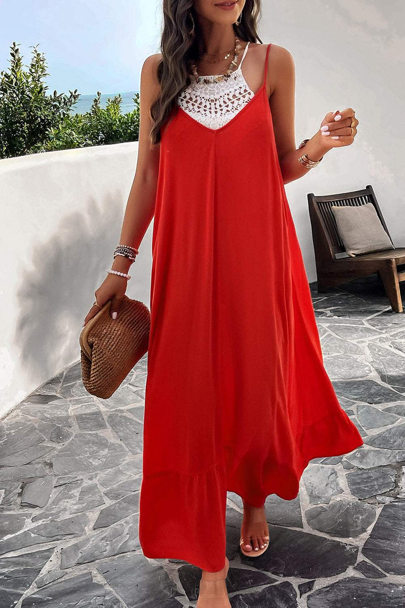 Devine Backless Maxi Cami Dress with Pockets in red viscose fabric.