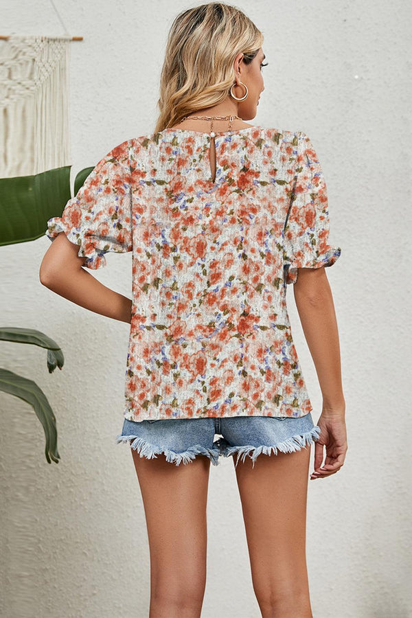 Round neck flounce sleeve blouse, floral design, casual fit.