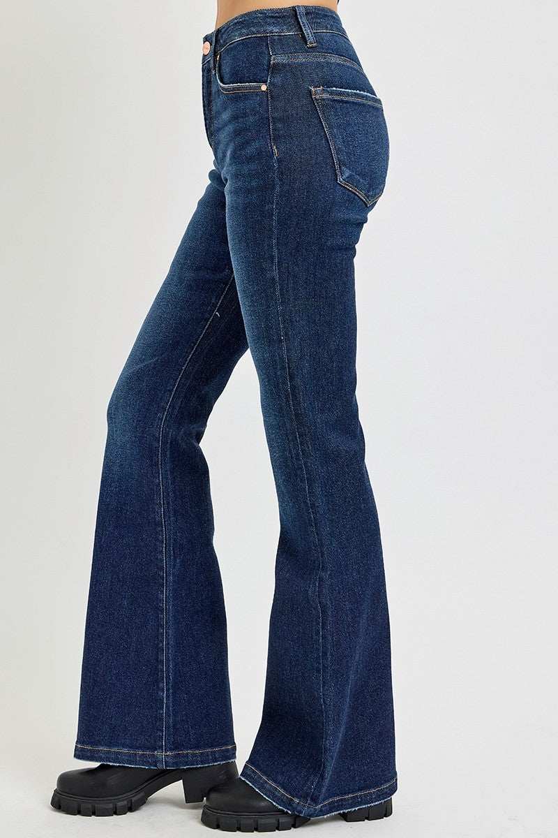 Retro Chic High Rise Flare Jeans with Pockets in dark blue denim.