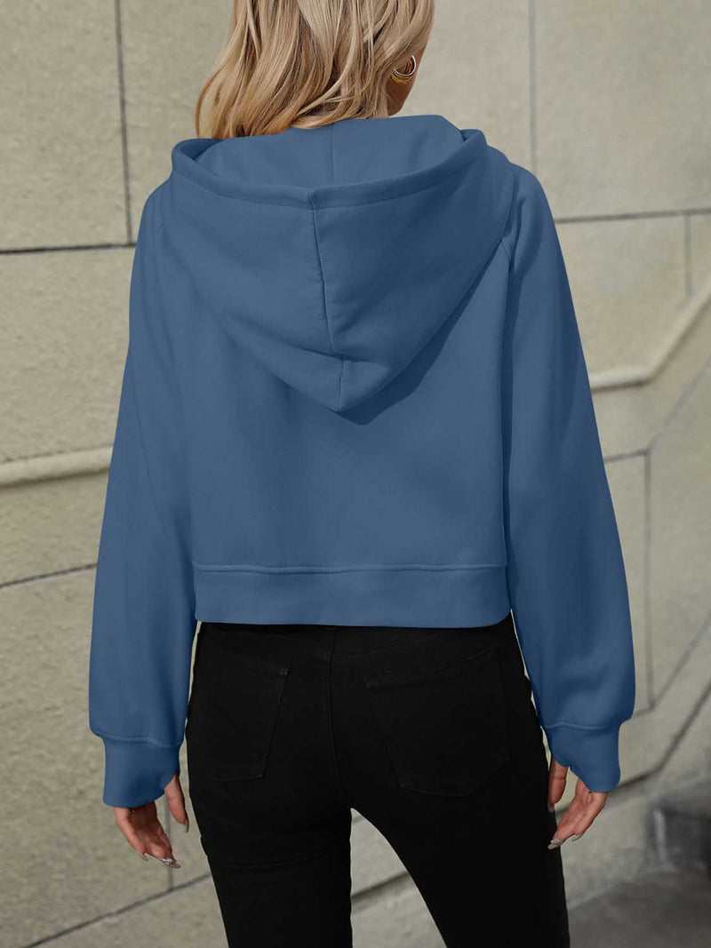 Blue Mandy Half Zip Long Sleeve Sweatshirt with hood and pockets, back view.