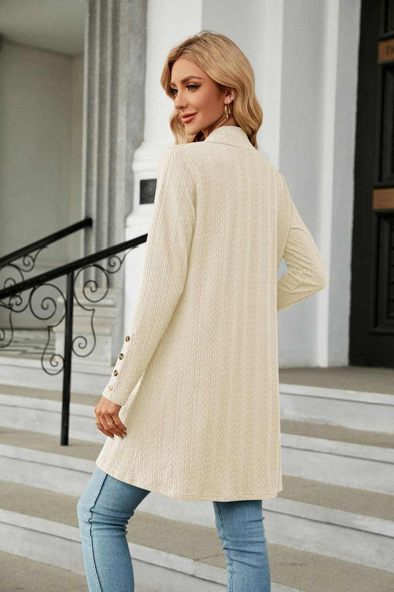 Long sleeve open front cardigan in solid color with long, regular sleeves and casual style.