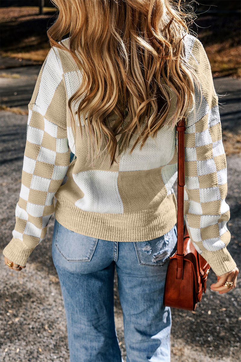 Mint Green Checkered Print Drop Shoulder Sweater