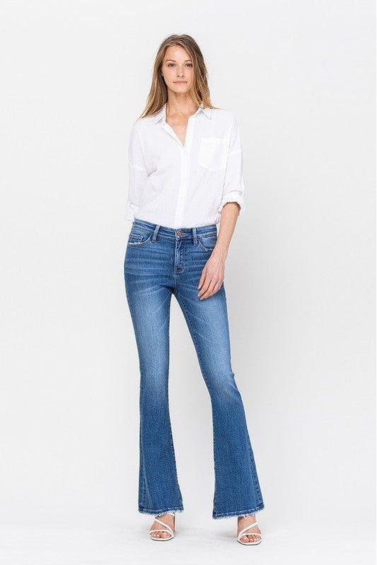 34 Inch Mid Rise Flare Denim Jeans