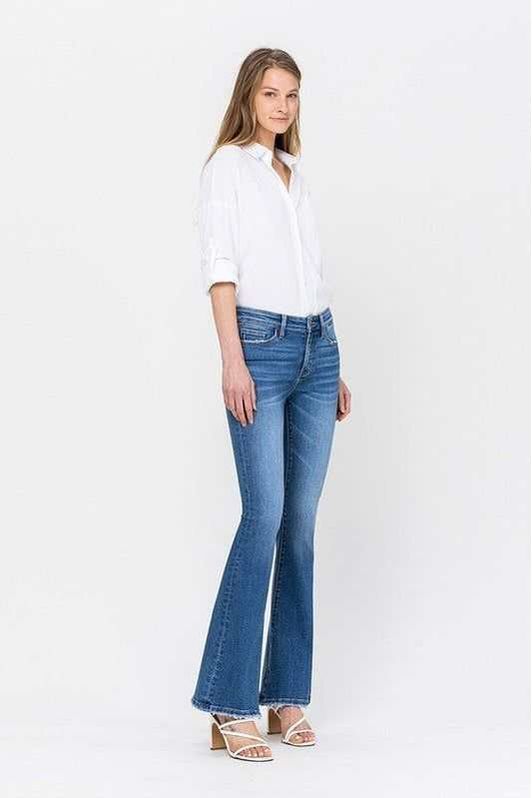 34 Inch Mid Rise Flare Denim Jeans