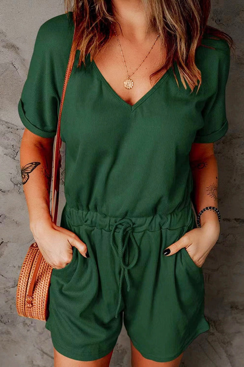 Full Size Drawstring V-Neck Short Sleeve Romper in Green