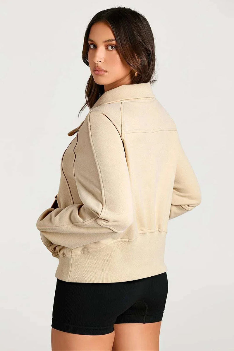 Half Zip Long Sleeve Sweatshirt, beige, stylish and comfortable design, perfect for cool weather.