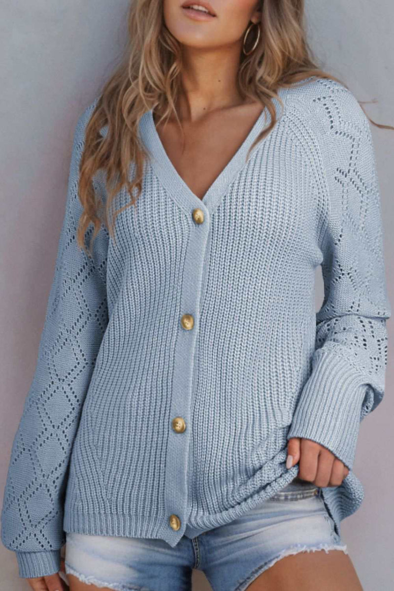 Openwork V-neck button-up cardigan in light blue with long sleeves.