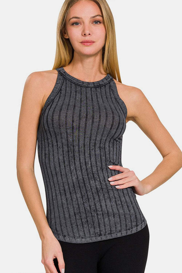 Zenana Ribbed Grecian Neck Tank in dark ribbed fabric, stylish and versatile top.