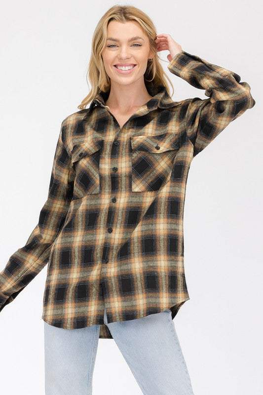 FULL PLAID CHECKERED FLANNEL LONG SLEEVEFULL PLAID CHECKERED FLANNEL60% Cotton, 40% PolyesterCHEST POCKETSBUTTON COSURE** REGULAR FITSize Measurement (inch):
S: 20.5 (Bust), 21.0 (Waist), null (Hips), 29.5WEIVKlondike Creek Unique BoutiqueFULL PLAID CHECKERED FLANNEL LONG SLEEVE