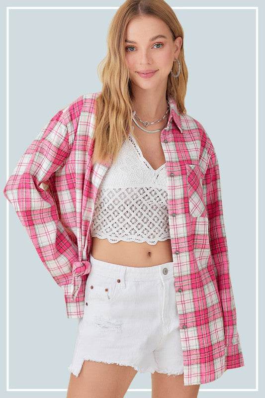 Casual plaid flannel Dreamy Shirt with buttoned cuffs, worn by model.