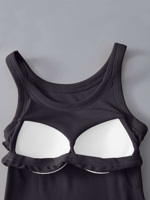 Black round neck tank with built-in bra, moderate stretch, viscose and spandex blend.