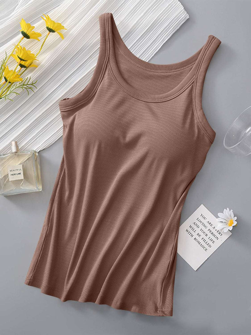 Brown round neck tank with built-in bra, featuring a basic style with moderate stretch, made from 95% viscose and 5% spandex.
