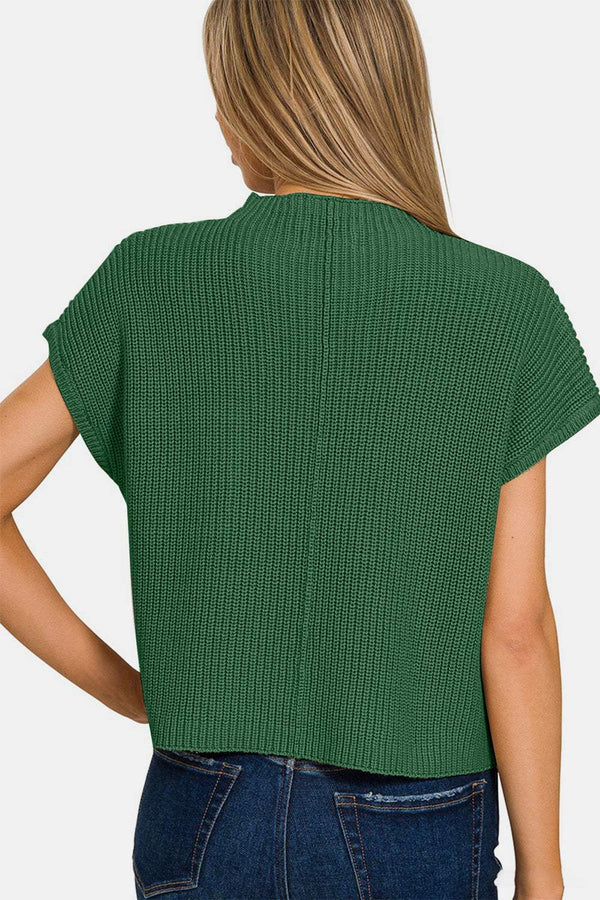 Zenana Mock Neck Short Sleeve Cropped Sweater in green, back view, featuring cozy knit fabric.