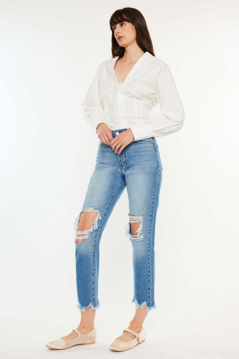 Kancan Distressed Frayed Hem Cropped JeansUpgrade your denim game with our Kancan Distressed Frayed Hem Cropped Jeans. Made from high-quality, stretchy denim fabric, these jeans are designed to hug your curvBottomsTrendsiKlondike Creek Unique BoutiqueKancan Distressed Frayed Hem Cropped Jeans