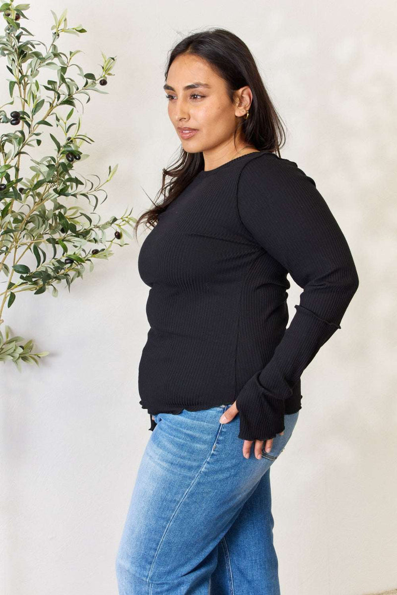 Culture Code full size ribbed round neck long sleeve top in black, side view.