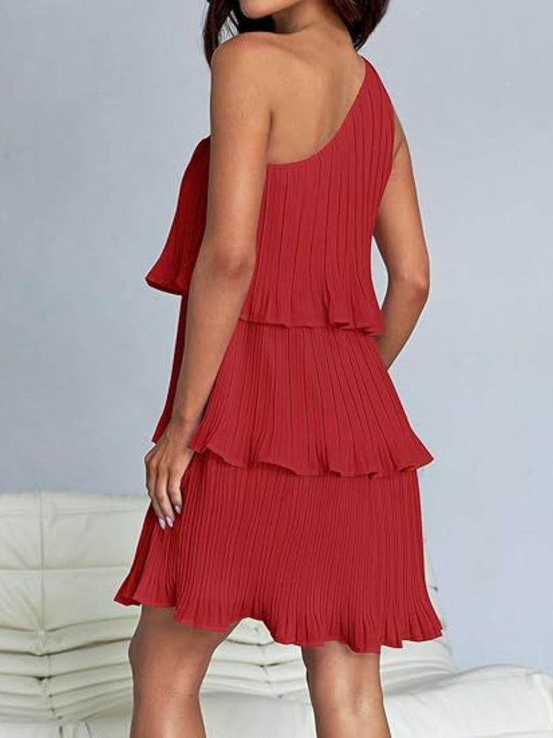 Red layered single shoulder mini dress with ruffled design, made of 100% polyester.