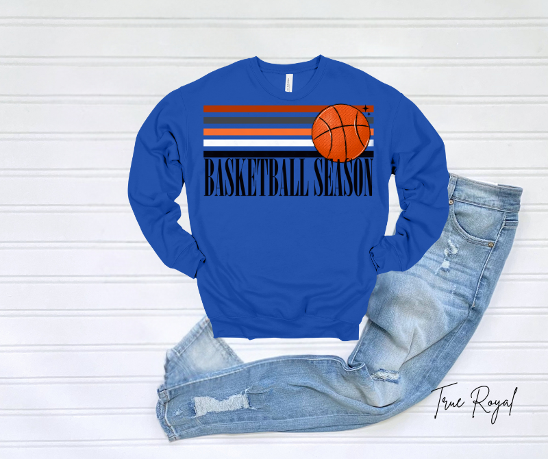 Basketball Season Sweatshirt in blue with basketball design.