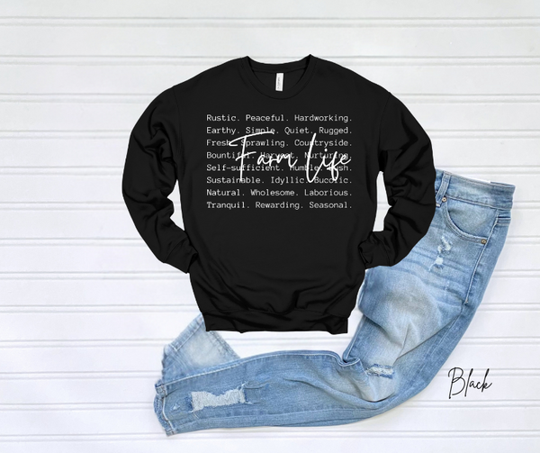Black Farm Life Sweatshirt with descriptive text design.