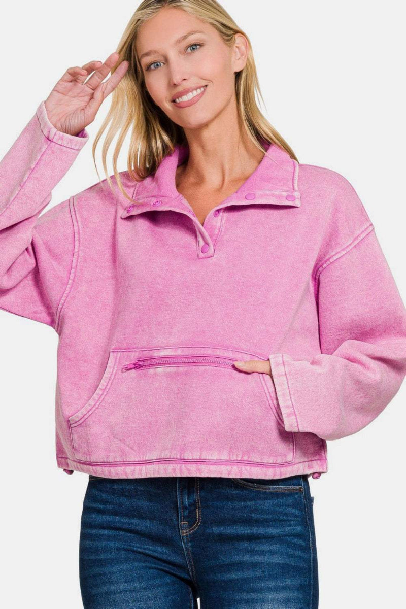 Zenana acid wash fleece half snap sweatshirt with pocket in pink.
