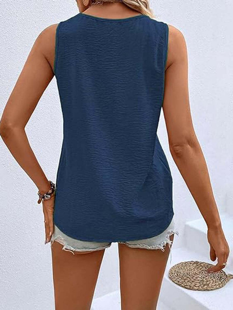 Full Size Decorative Button V-Neck Tank, polyester, no stretch, machine washable.