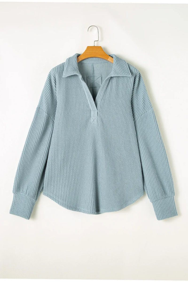 Plus size textured Johnny collar long sleeve sweatshirt in light blue.