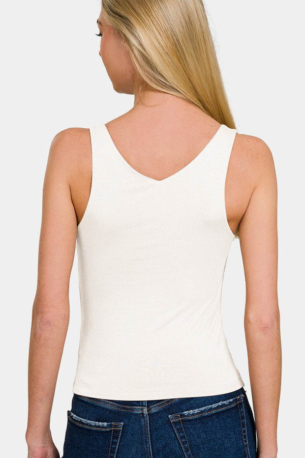 Zenana Double Layer V Neck Tank in cream, back view, showing sleeveless design and V neckline.