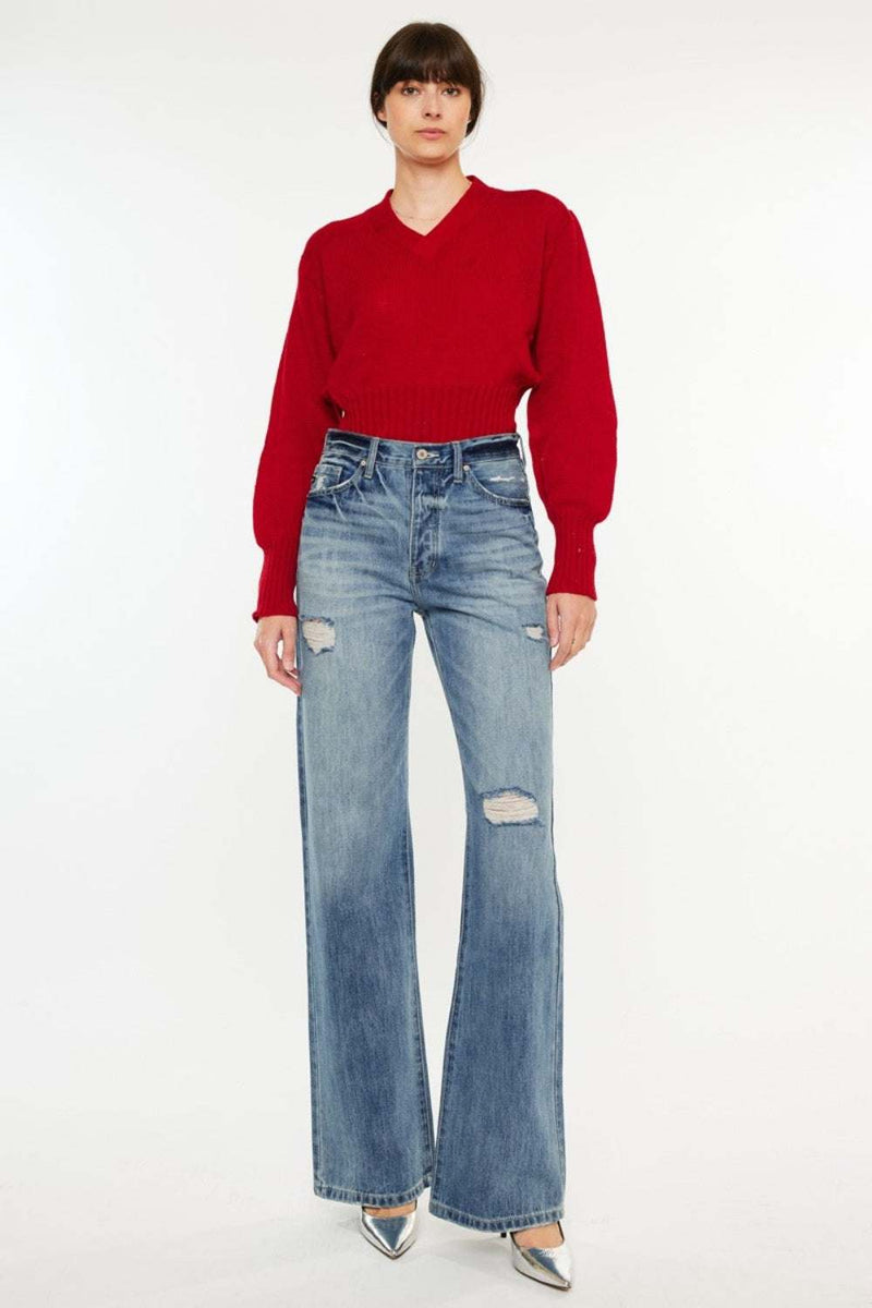 Kancan Distressed High Waist Bootcut Jeans with retro-chic style and pocketed design.