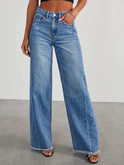 Raw hem wide leg jeans with button and pocket details.