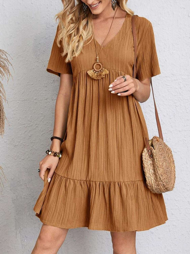 Full size V-neck short sleeve dress in brown, polyester material, basic style, no stretch.